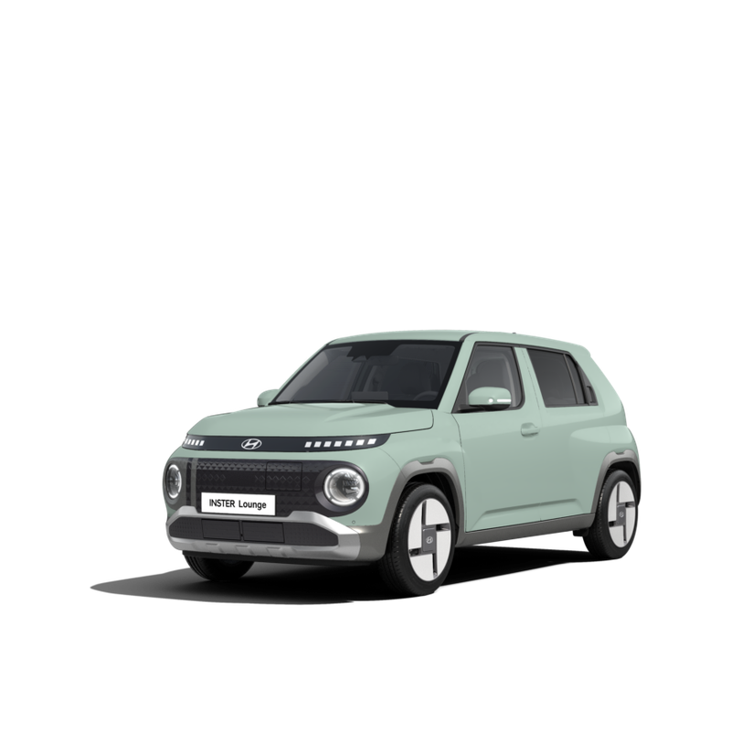 A compact, mint green SUV with round headlights and a modern design, viewed from the front passenger side.