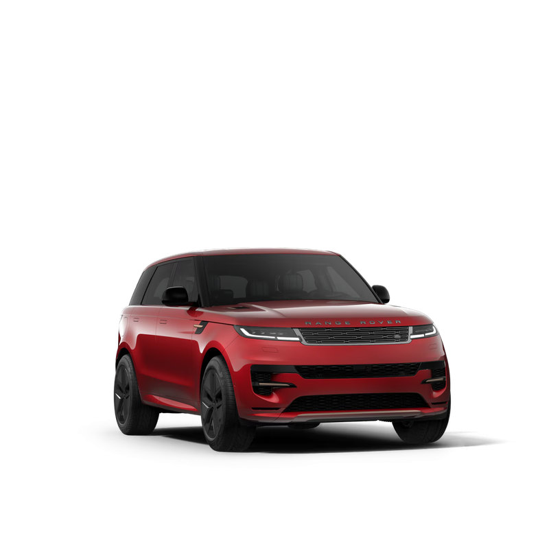 Red Range Rover SUV shown from a front angle, showcasing sleek design and black alloy wheels.