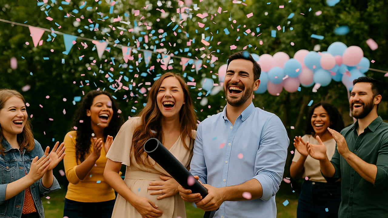 Aanstaande ouders vieren een gender reveal feest met roze en blauwe confetti, omringd door lachende vrienden en familie in een zonnige tuin met ballonnen.
