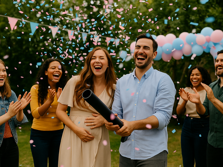 Aanstaande ouders vieren een gender reveal feest met roze en blauwe confetti, omringd door lachende vrienden en familie in een zonnige tuin met ballonnen.