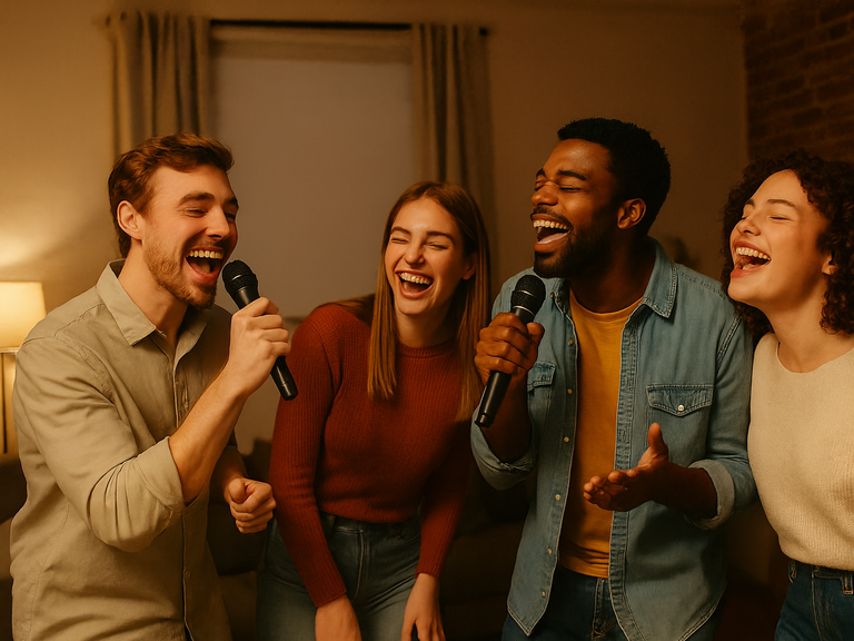 Vier vrienden zingen enthousiast karaoke met microfoons in een gezellige woonkamer met warme verlichting en een ontspannen sfeer