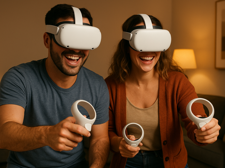 Man en vrouw dragen Meta Quest VR-brillen en houden elk één controller in hun hand terwijl ze enthousiast een virtual reality game spelen in een warme woonkamer.
