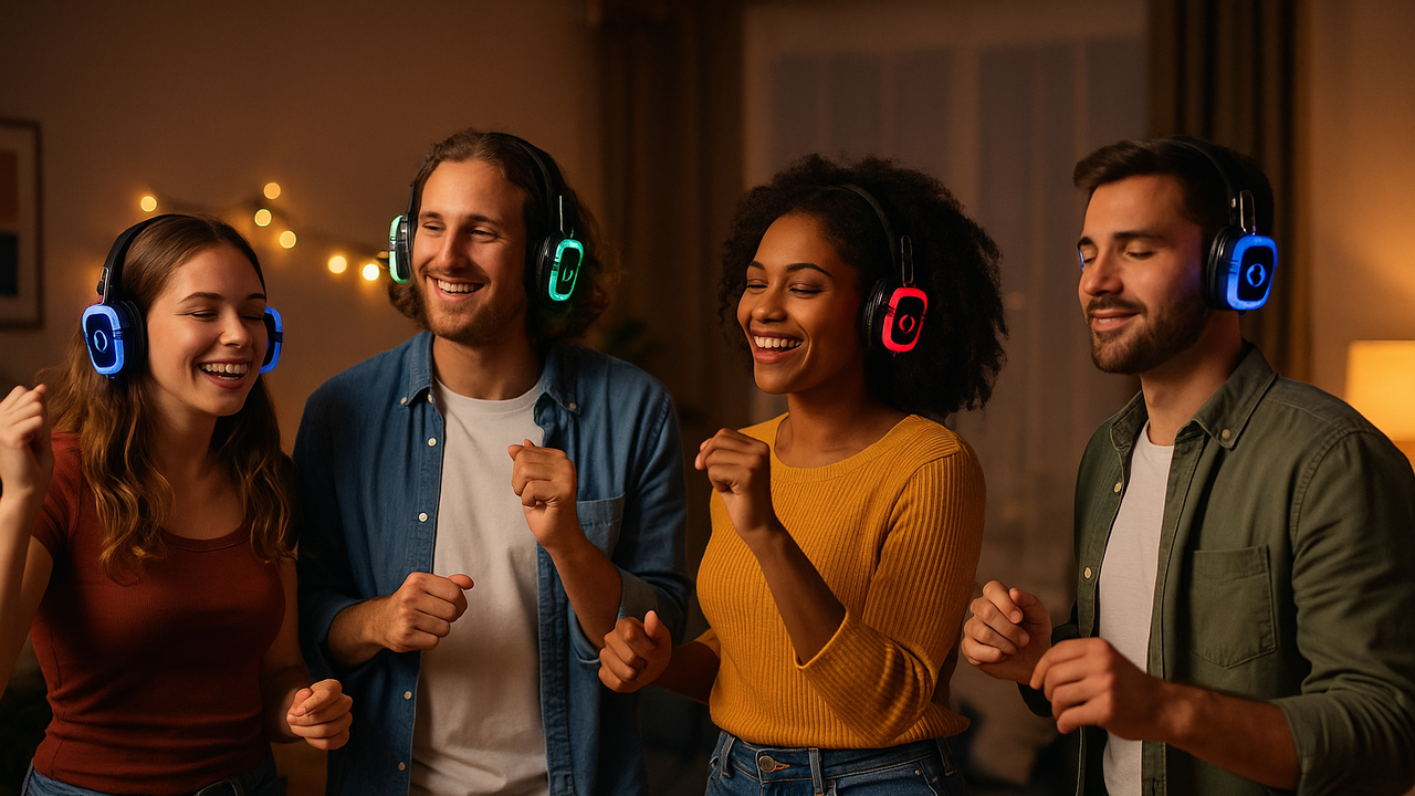 Vier vrienden dansen tijdens een silent disco met draadloze koptelefoons met gekleurde led-verlichting in een gezellige huiskamer.