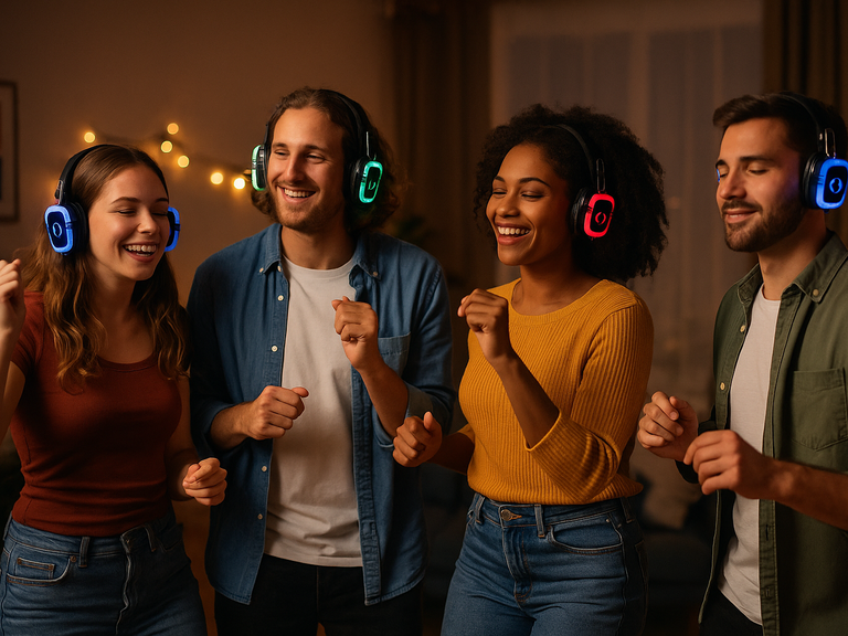 Vier vrienden dansen tijdens een silent disco met draadloze koptelefoons met gekleurde led-verlichting in een gezellige huiskamer.