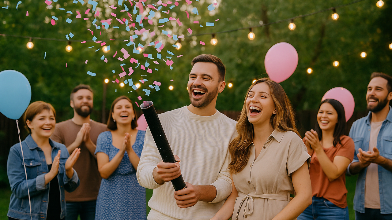 Aanstaande ouders vieren een gender reveal in de tuin met roze en blauwe confetti, omringd door vrienden en familie onder warme feestverlichting.
