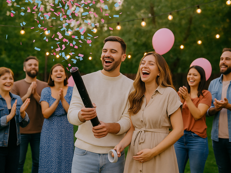 Aanstaande ouders vieren een gender reveal in de tuin met roze en blauwe confetti, omringd door vrienden en familie onder warme feestverlichting.