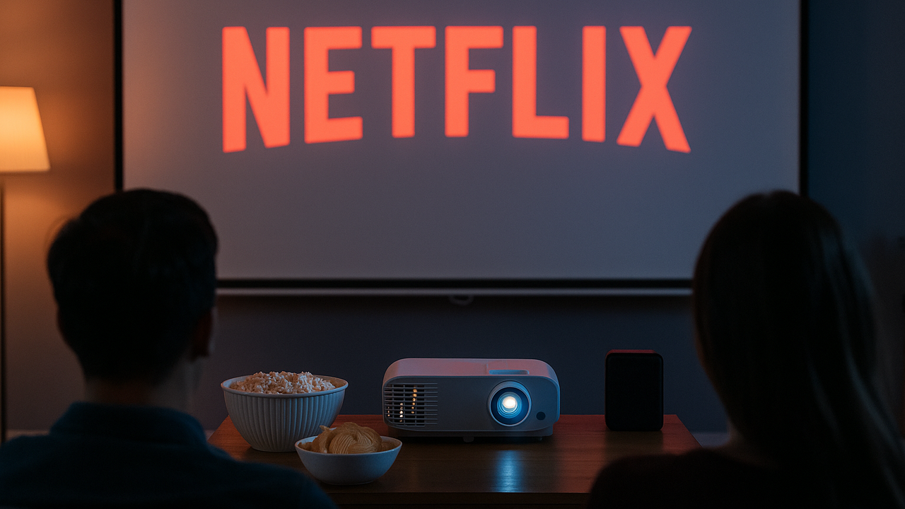 Koppel geniet van een Netflix film via een beamer, groot scherm in een gezellige woonkamer met projector, popcorn en chips op tafel