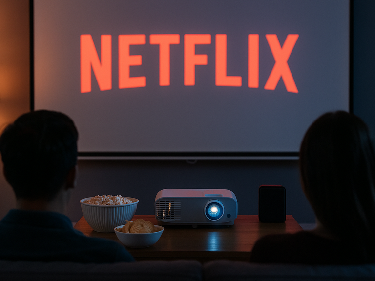 Koppel geniet van een Netflix film via een beamer, groot scherm in een gezellige woonkamer met projector, popcorn en chips op tafel