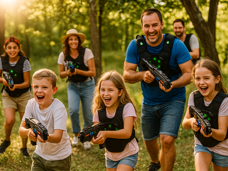 Kinderen en volwassenen spelen lasergame in een bos met laserguns zoals van Verhuurwinkel.nl, sommigen dragen vesten, anderen niet, in warm zonlicht.
