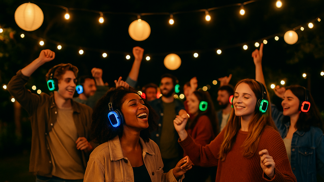 Groep feestgangers danst buiten tijdens een silent disco met koptelefoons met gekleurde led-verlichting, onder sfeervolle lampionnen en lichtslingers