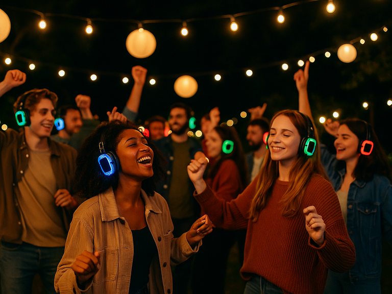 Groep feestgangers danst buiten tijdens een silent disco met koptelefoons met gekleurde led-verlichting, onder sfeervolle lampionnen en lichtslingers