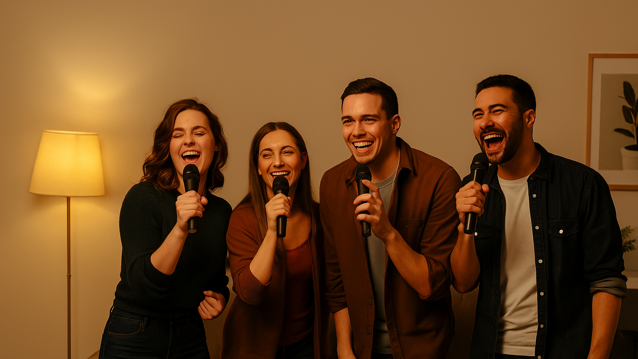 Vier vrienden zingen enthousiast karaoke met microfoons, in een warme en gezellige woonkamer.