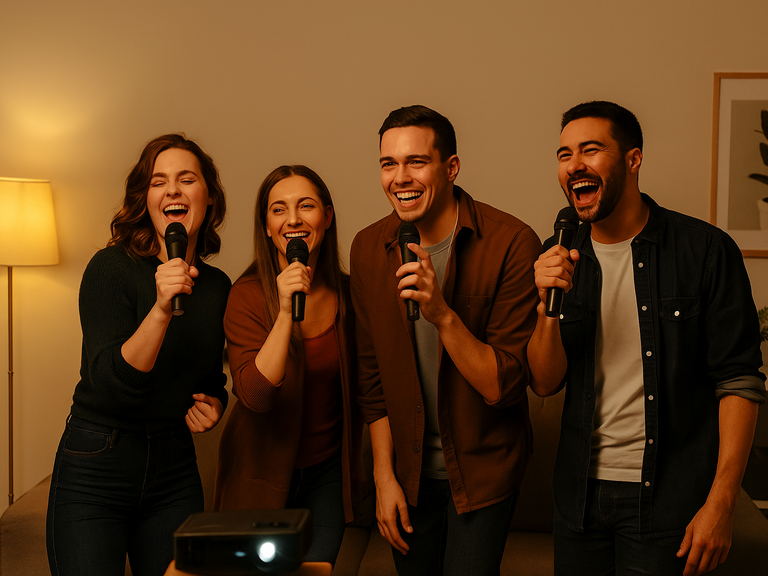 Vier vrienden zingen enthousiast karaoke met microfoons, in een warme en gezellige woonkamer.