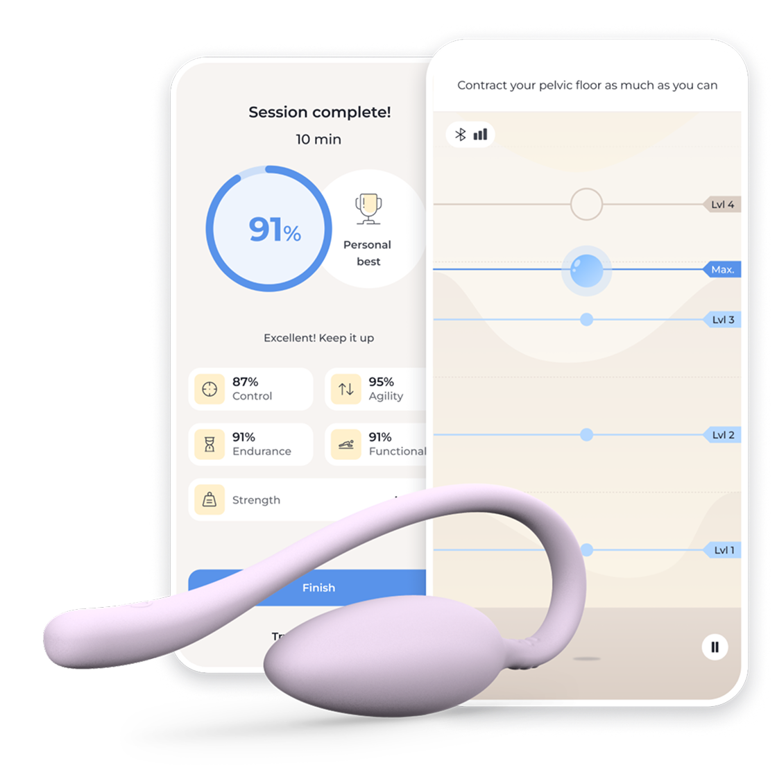 A pelvic health app screen displaying session statistics and progress, alongside a lilac pelvic floor trainer device.