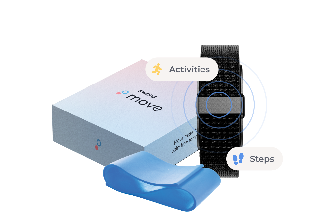 The Sword Move kit including the Move wearable with step and activity tracking features, displayed with a blue box and a blue accessory.