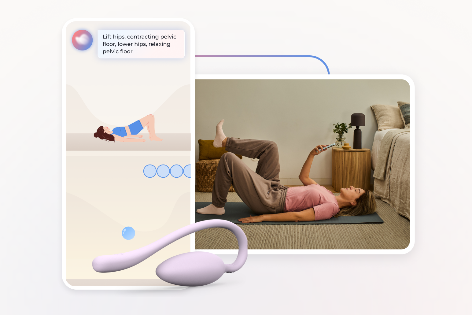 A woman lying on a mat, lifting her hips while holding a phone. An illustration of the same exercise is shown beside her.