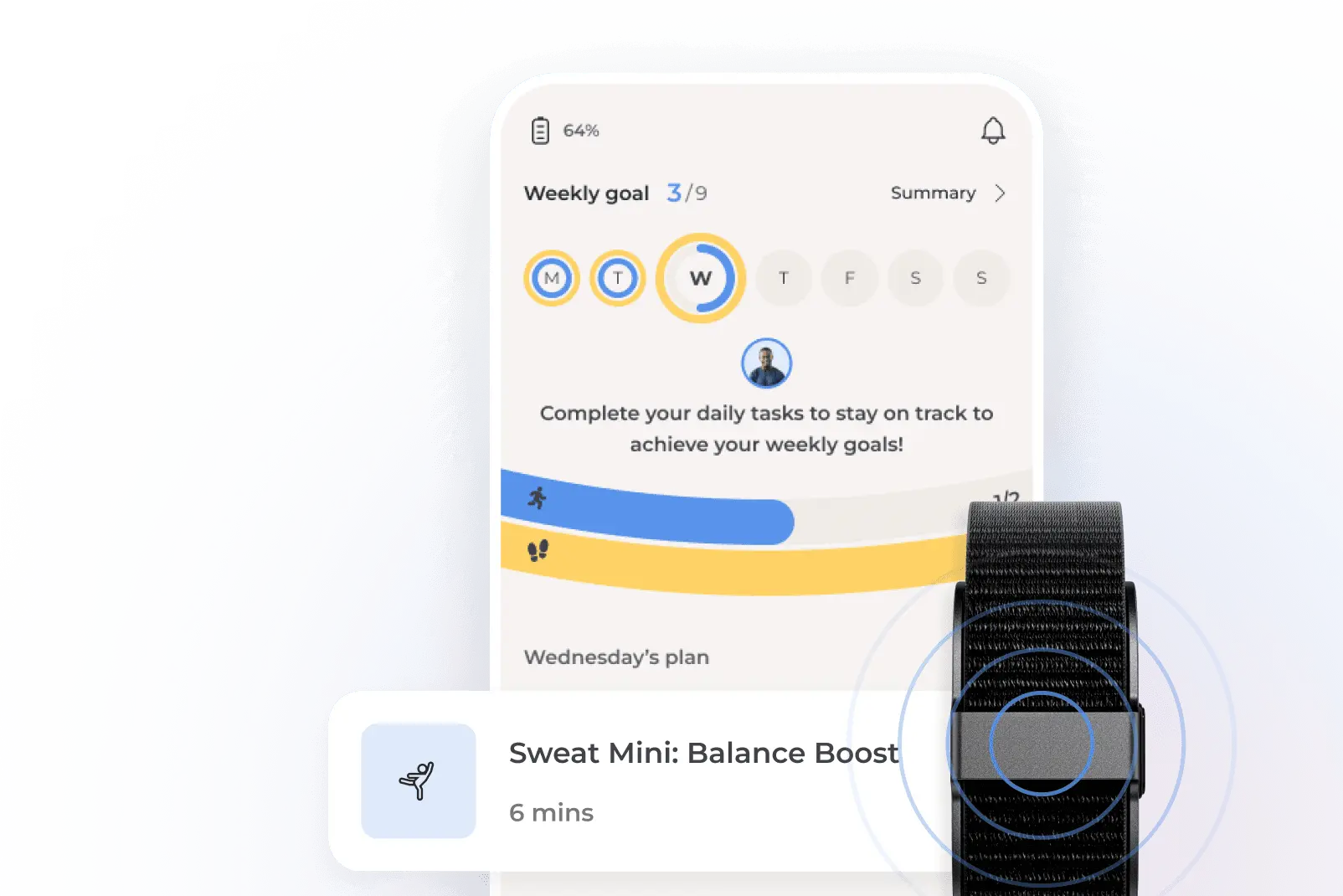 Smartphone screen displaying a fitness app with weekly goals, daily tasks, and a 6-minute workout plan. A fitness tracker is nearby.