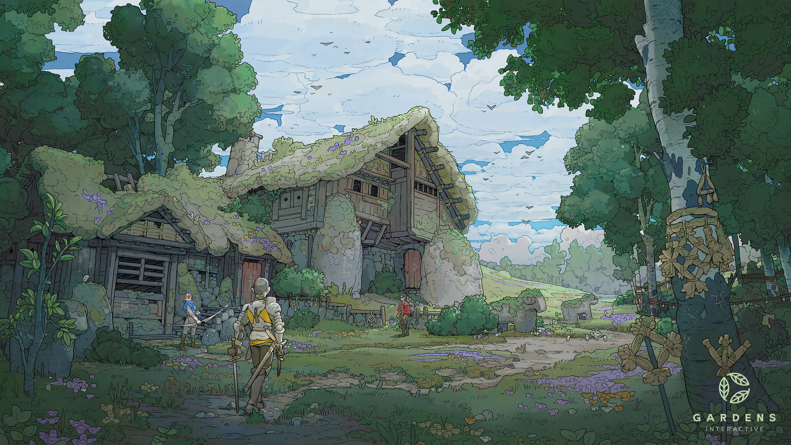 Concept art depicts 3 characters in a sort of standoff in front of two mossy-roofed buildings made of wood and stone. Two characters have weapons at the ready (a bow, two blades) and the third is holding a cooking pot.
