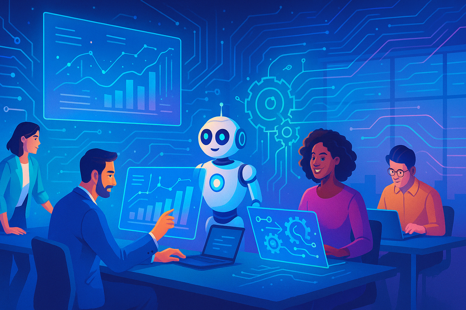 People and a robot collaborate in a tech-themed office, surrounded by digital charts and circuit patterns on screens.