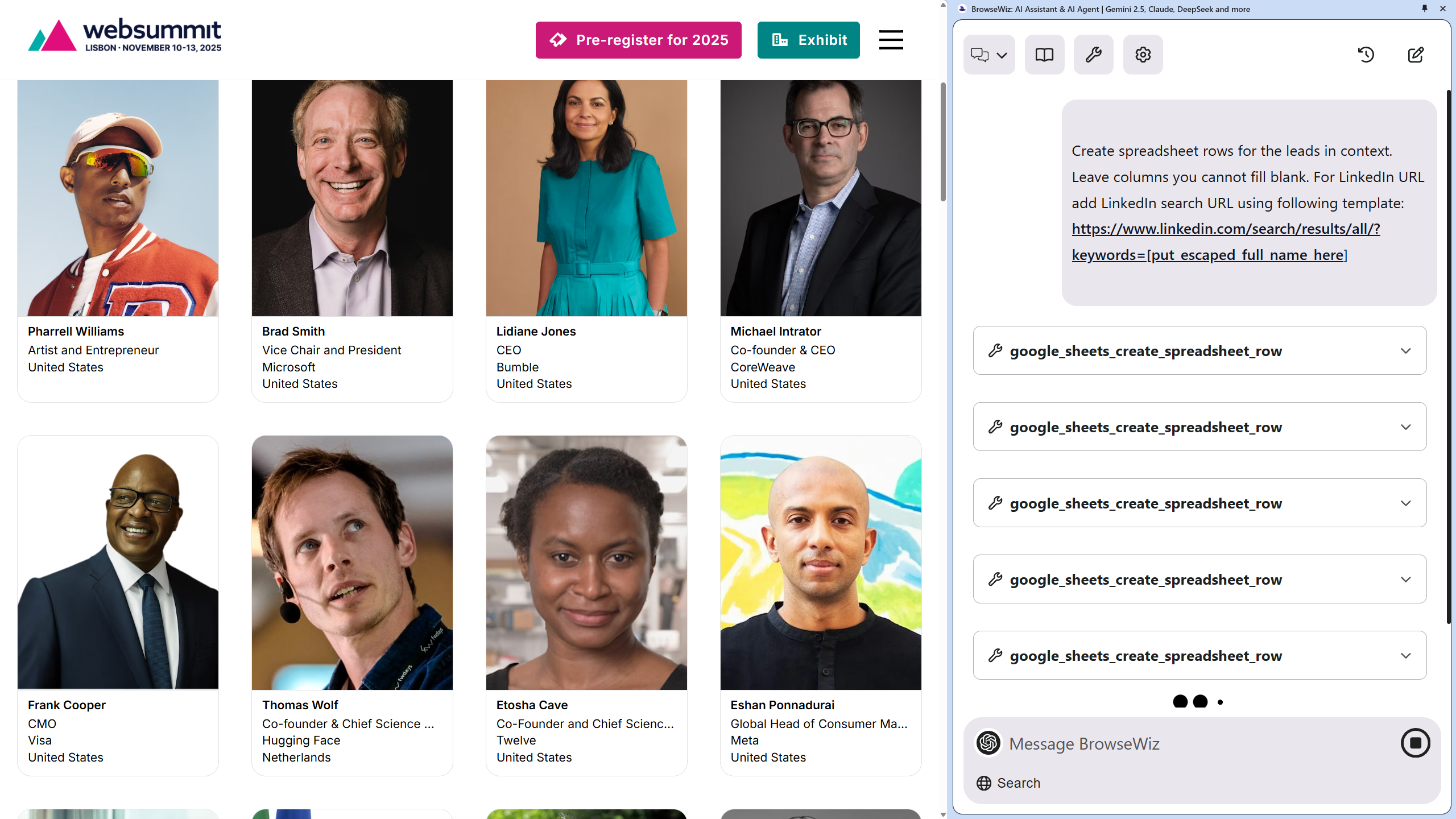 Websummit speakers extraction with BrowseWiz Web Summit webpage showing profiles of various speakers and a sidebar with a chat interface and spreadsheet creation commands.