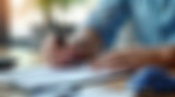 Person sitzt am Schreibtisch und bearbeitet Unterlagen