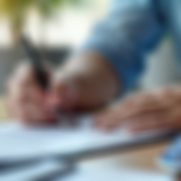 Person sitzt am Schreibtisch und bearbeitet Unterlagen