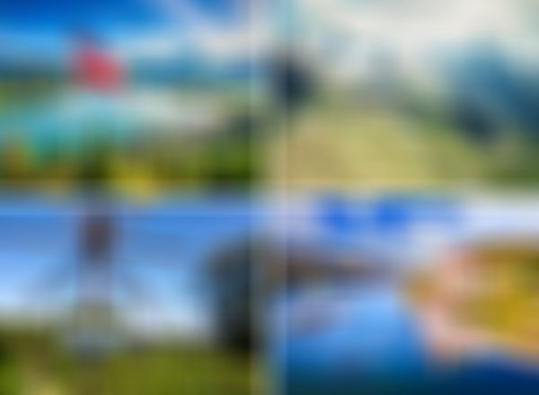 Fotocollage mit 4 Bildern aus Österreich: ein See im Salzkammergut, die Großglocknerhochalpenstraße, ein Weinglas vor Weinreben in der Südsteiermark und ein Foto der Wachau mit der Donau.