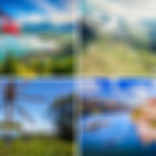 Fotocollage mit 4 Bildern aus Österreich: ein See im Salzkammergut, die Großglocknerhochalpenstraße, ein Weinglas vor Weinreben in der Südsteiermark und ein Foto der Wachau mit der Donau.