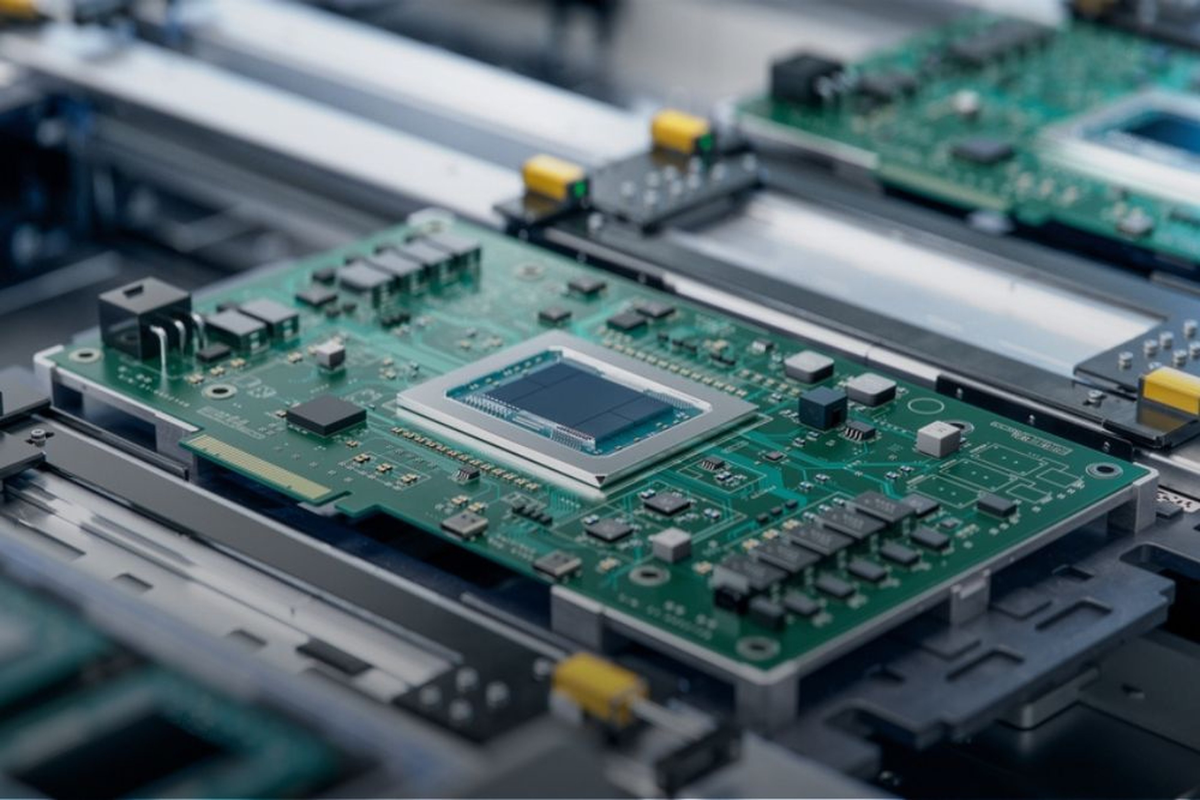 Close-up of a green circuit board with various electronic components on a production line, featuring a central processing chip.