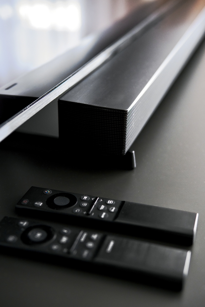 Close-up of modern soundbar and