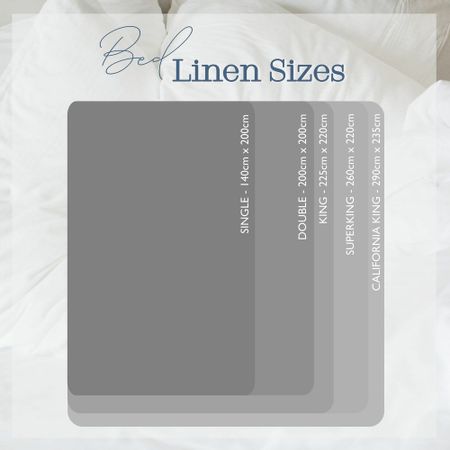 Comparison chart of bed linen sizes: Single, Double, King, Super King, and California King, with dimensions in centimeters.