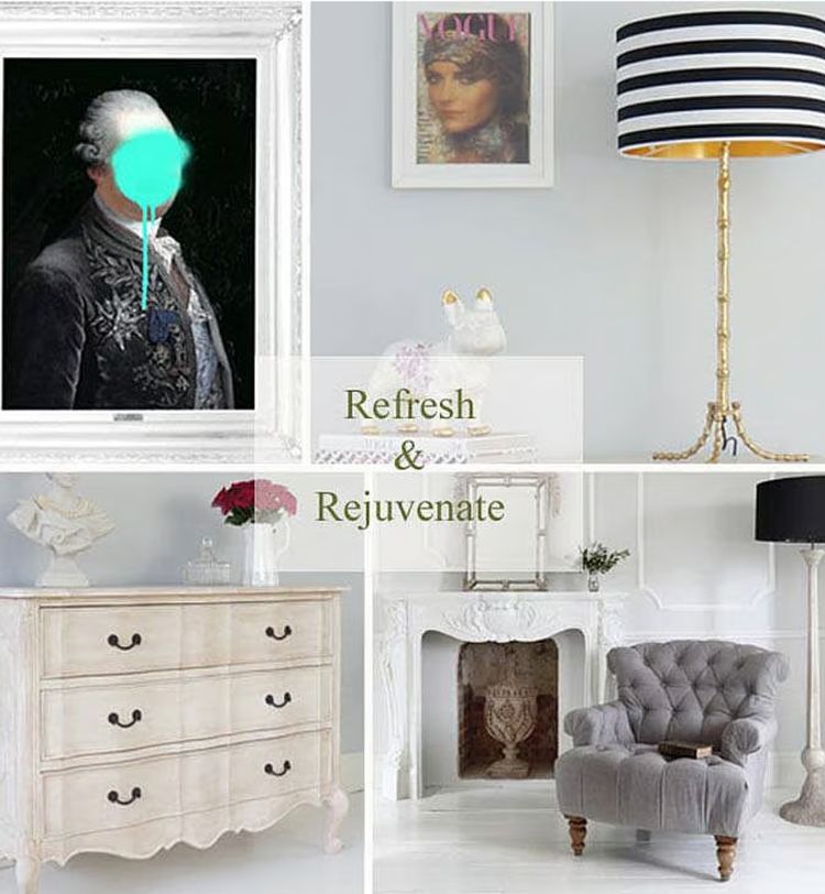 Elegant room with vintage furniture, a striped lamp, abstract art, and "Refresh & Rejuvenate" text. Features a white dresser and tufted chair.