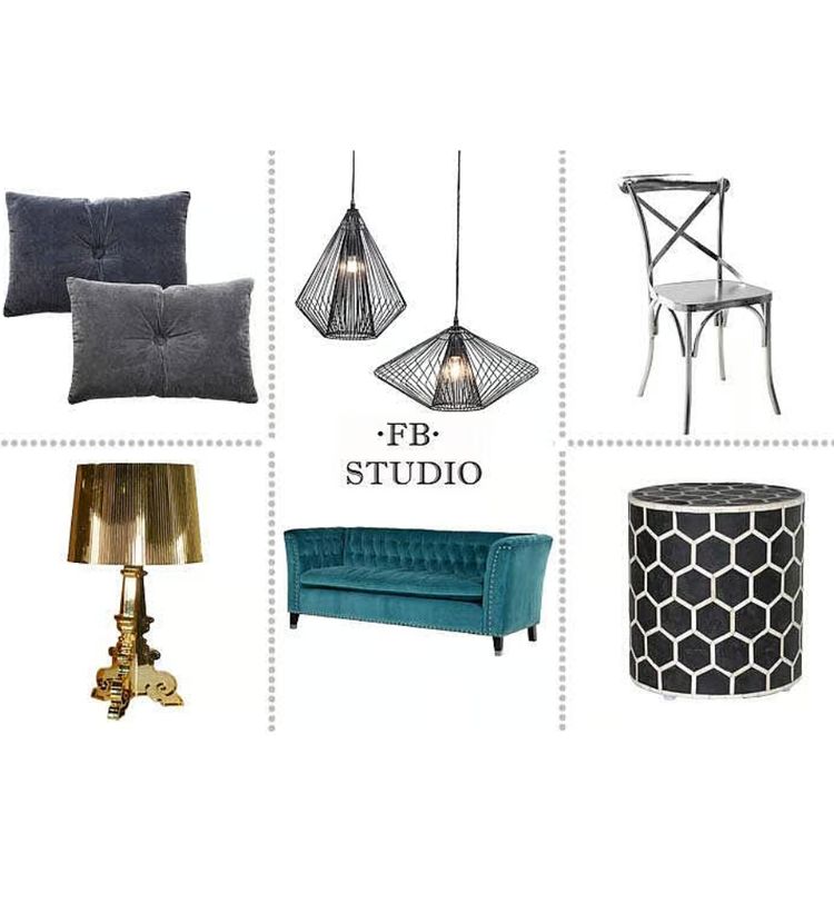 Collage of home decor items: pillows, pendant lights, chair, lamp, teal sofa, and patterned stool, with "FB Studio" text in the center.