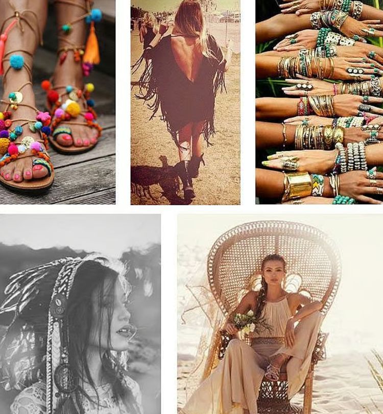 Collage of bohemian fashion: colorful sandals, fringed outfit, layered bracelets, woman with braided hair, and seated woman in a wicker chair.