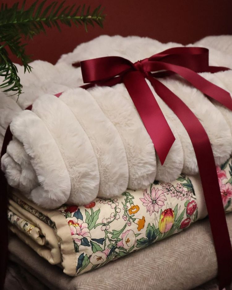 Rolled white fur blanket tied with a red ribbon, atop floral and beige blankets, next to a green plant on a red background.