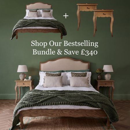 Bedroom set with a bed and two nightstands on a green background. Text: "Shop Our Bestselling Bundle & Save £340."