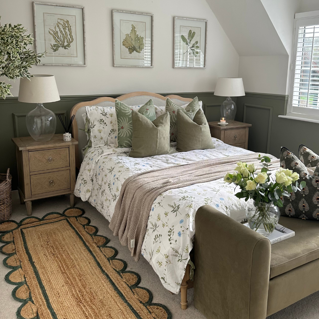 melange cushion in olive with meadow botanical bedding and our Sundar scallop green jute runner