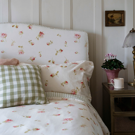 Nostalgic rose bed floral and stripe linen, with green gingham cushion