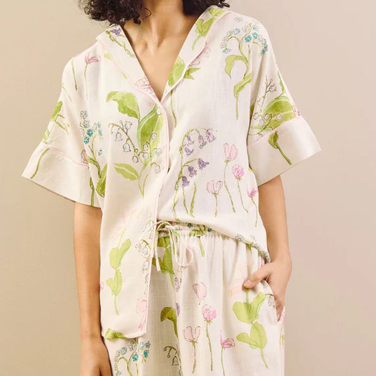 Mayfair floral spring pyjama set with collared shirt and trousers.
