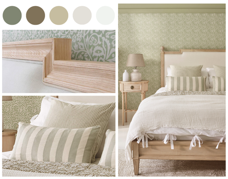 A cosy bedroom with a green floral wallpaper, wooden bed frame, striped pillows, and neutral tones. Includes a color palette above.