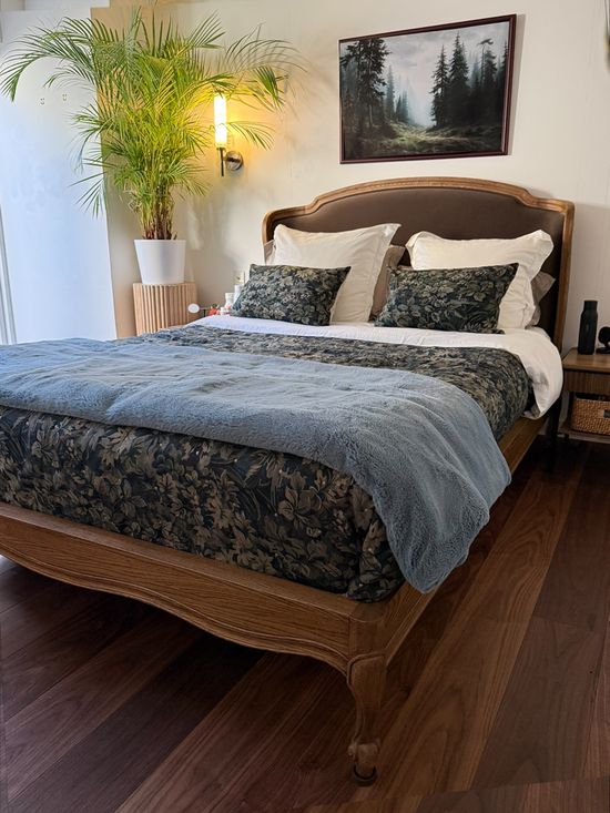 Oak Bed with Brown velvet Upholstery