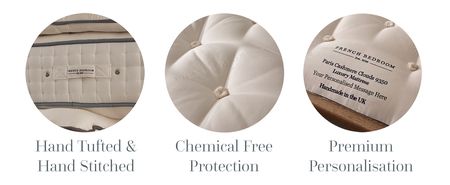 Three images showcasing luxury mattress details: hand tufted and hand-stitched, chemical-free material, and premium mattress personalisation option.
