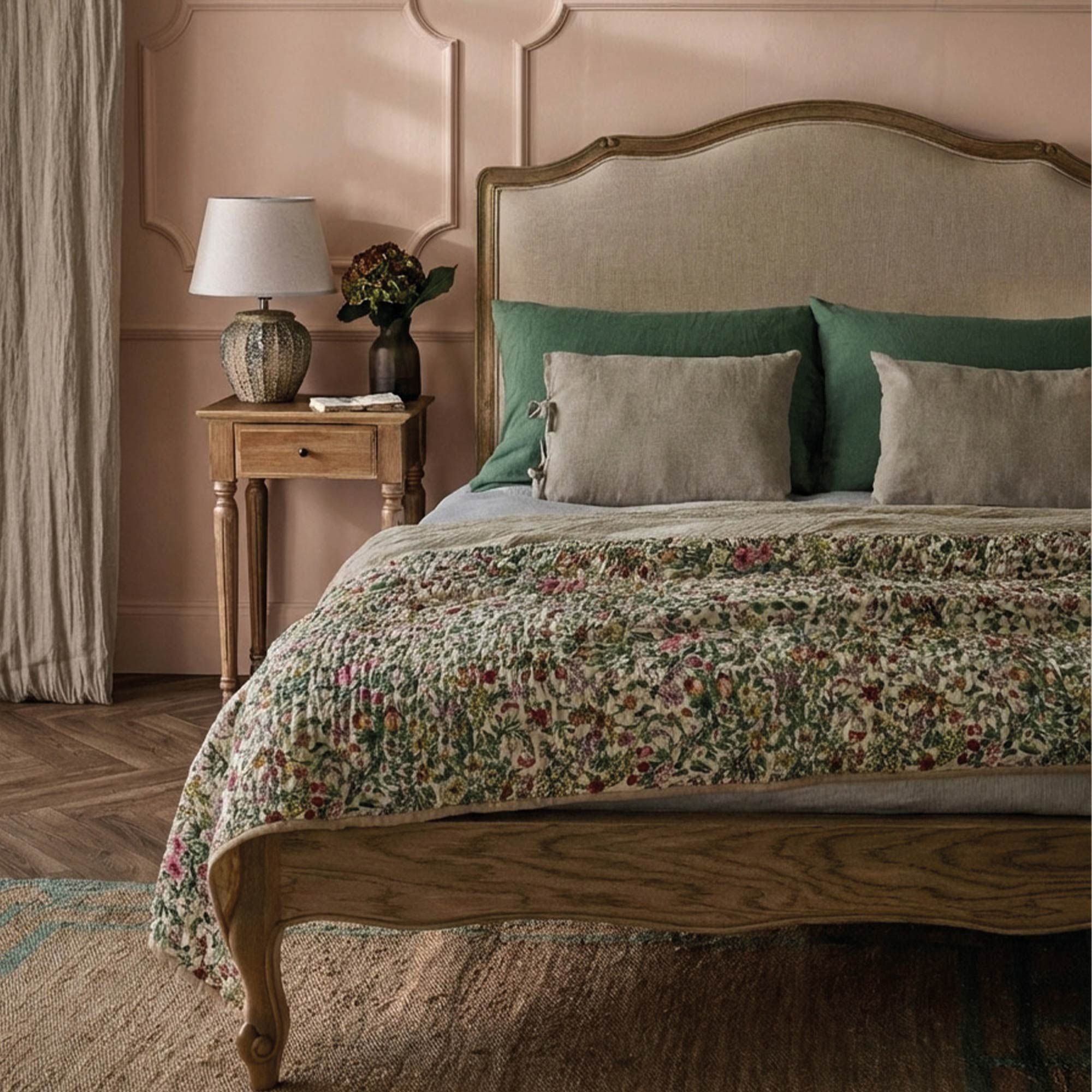 Elegant bedroom with a wooden bed, floral quilt, green and beige pillows, side table, lamp, and pink panelled walls.