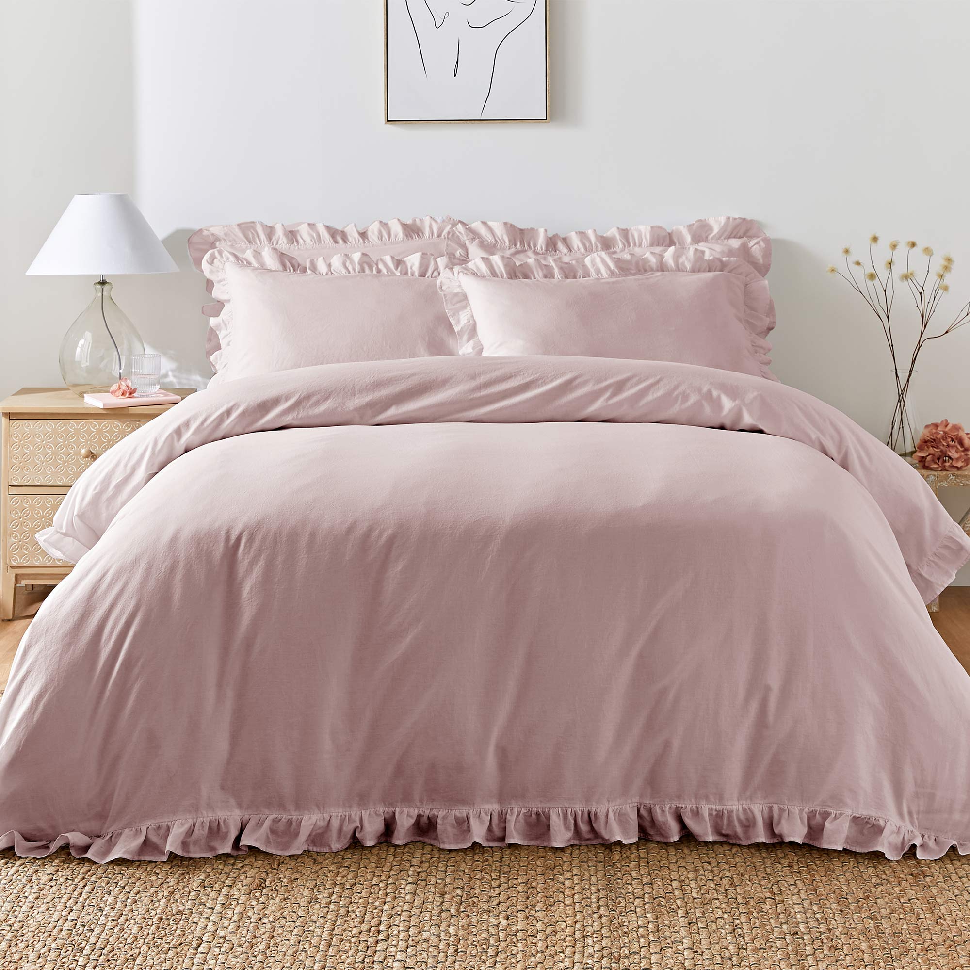 pink, ruffled 100% cotton bed linen set