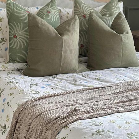 melange cushion in olive with meadow botanical bedding