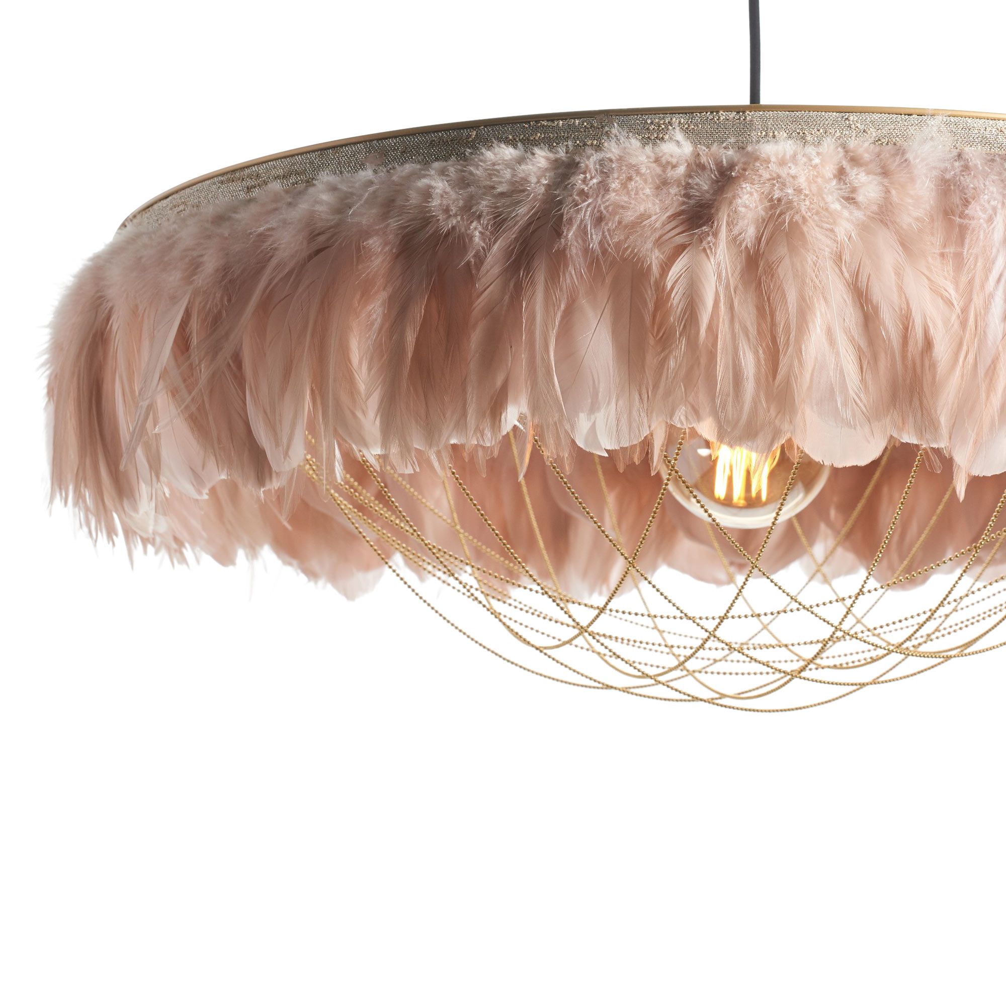 A luxurious chandelier with soft pink feathers and golden chain accents, encircling an exposed light bulb.