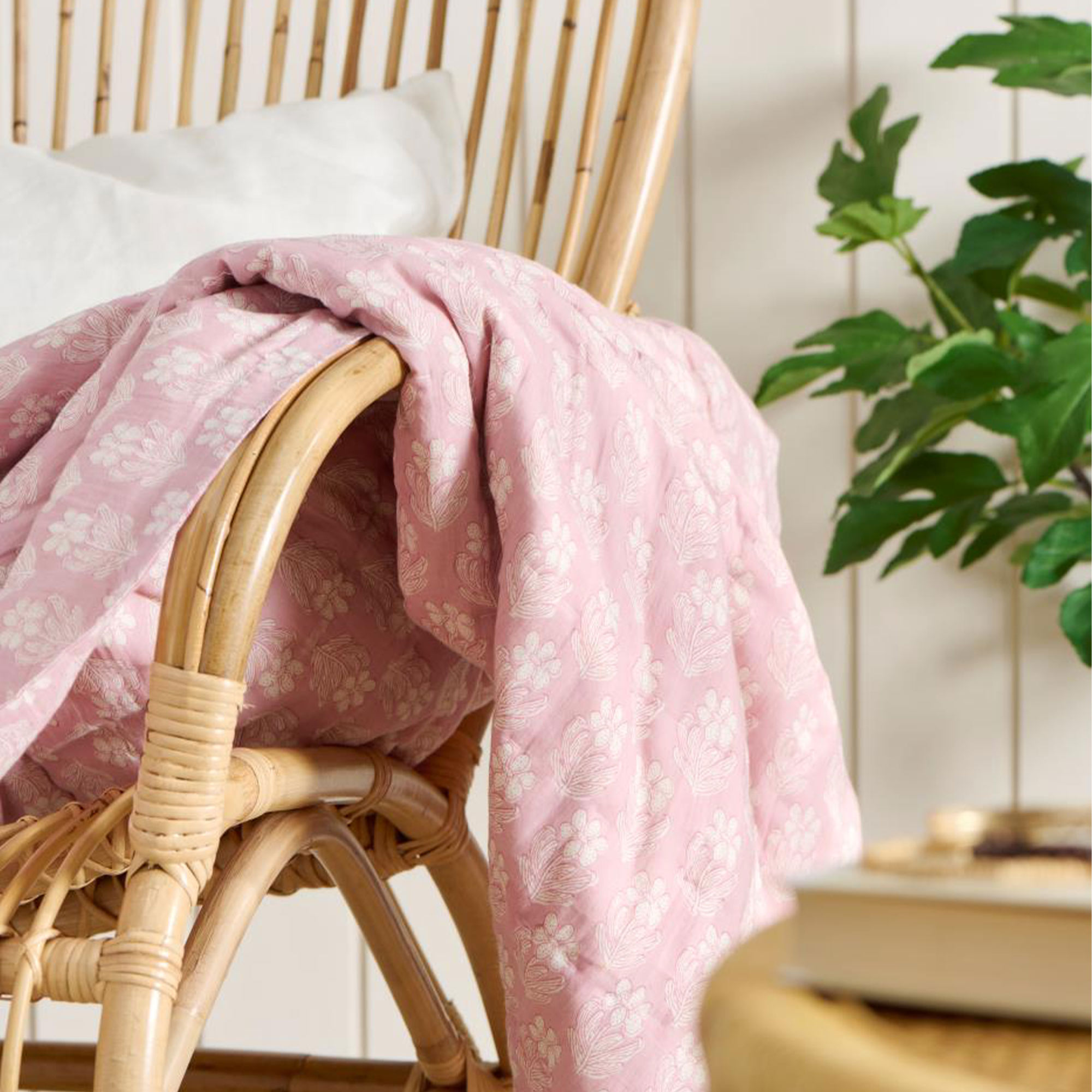 Wicker chair with a pink floral-patterned blanket draped over it, next to a potted green plant.
