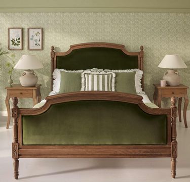 green velvet bed with upholstery