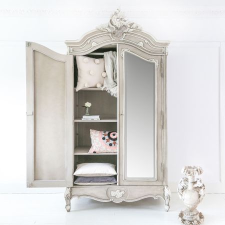 fawn grey and white 2-door armoire with drawers