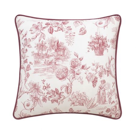 Square cushion with a white background, featuring intricate red floral and pastoral toile patterns, and a red border.